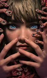 an artisticly painted woman with many nail art
