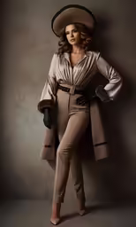 a lady is standing wearing brown and black