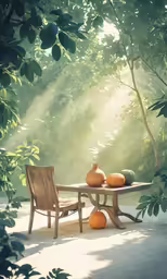 a table with oranges and a vase on it under trees