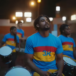the man is wearing yellow, blue and red shirt