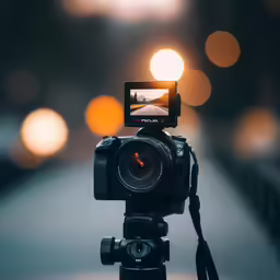 a camera with a lens mounted on it in front of an asphalt road