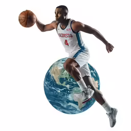 a man is in the air with a basketball in front of him