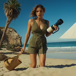 a woman with a bag and an umbrella is on the beach