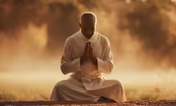 a man is kneeling in front of the grass
