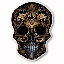 an ornate skull sticker with gold on the top
