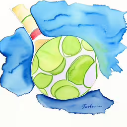 a watercolor painting of a tennis ball and racket,a drawing of a ball and bat on a blue background,an image of a tennis racket and ball,an ink drawing of a tennis ball and racquet,a painting of a bat and ball on a paper