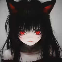 a female catgirl with red eyes wearing black clothing
