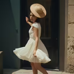 a woman in a dress and a hat walking outside