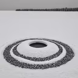 a snow covered circular stone in the middle of a field