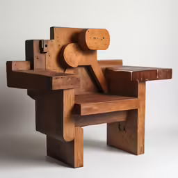 a wooden chair that has been made to look like an individual with a table and stool