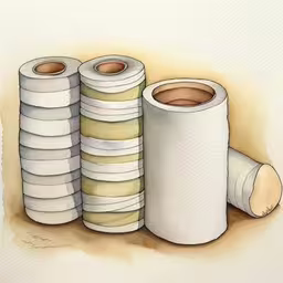 a bunch of paper towels sit next to a pile of coffee,an image of a painting with toilet paper stacked on top of one another
