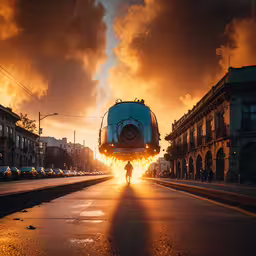 a man walks down the street as the sun sets,a bus with its light on walking down a street