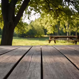 an empty picnic table with benches in the distance
