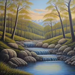 painting of a stream near some trees, and mountains,a painting of trees, bushes and a river,painting on a wall with trees and mountain scene,painting of a stream running through a green hillside,a painting of a stream flowing through a forest