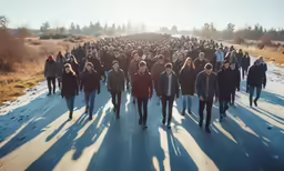 many people walk together through a snowy landscape