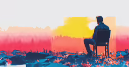 a man sitting in a chair in the midst of a field full of umbrellas