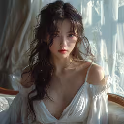 the beautiful woman is posing for the camera,a very pretty young lady sitting on top of a bed