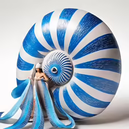 a blue and white sculpture of a giant wheel with a woman on the inside