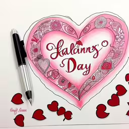 there is a note with some hearts and a pen,a valentine heart shaped design with hearts on it