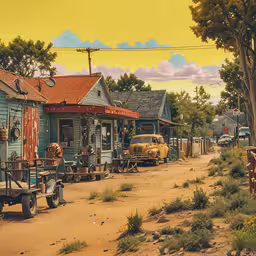 some old fashioned fashioned cars sitting out on the side of a road,a train sitting in front of a station next to some houses