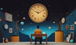 a person sitting in front of a clock on a wall