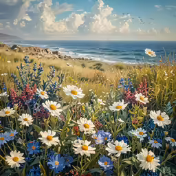 some daisies and other flowers in the grass by the water