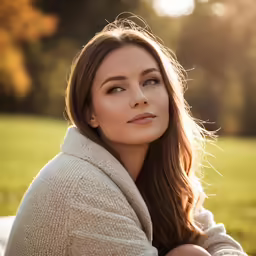 a woman is posing in a sweater and smiling