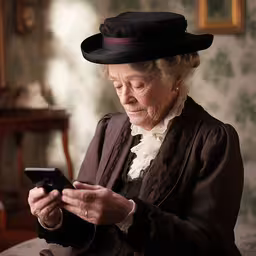 an old woman wearing a brown top and hat looking at her phone,an old lady wearing a top hat looking at her cell phone