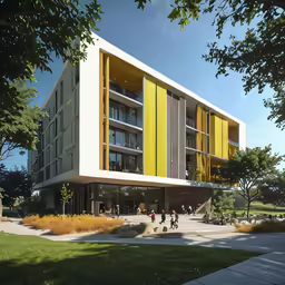 the large building has yellow stripes on it