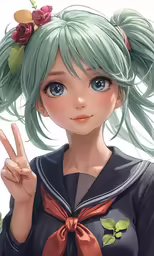 a woman with long green hair and blue eyes