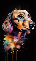 a dog in a paint drip splattered painting on a black background