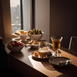 a table full of wine and other food items