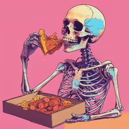 a skeleton is eating pizza in front of a box