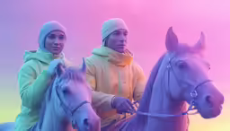 two people ride horses together in a surreal picture
