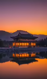 the sun is setting behind a temple by a lake