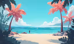 a person on a beach standing among palm trees
