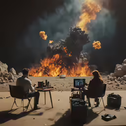 two people are sitting in chairs watching an image of a volcano with fire