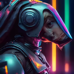 the head and shoulders of a futuristic woman in a space suit with bright neon lines