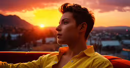 a woman is sitting outside while the sun sets,a woman is sitting in an orange chair as the sun sets