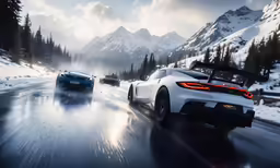 two cars driving on a snowy road through mountains