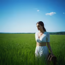 a girl standing in the middle of the grass with a suit case on