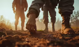 a close - up shot of three men digging a field in the sun