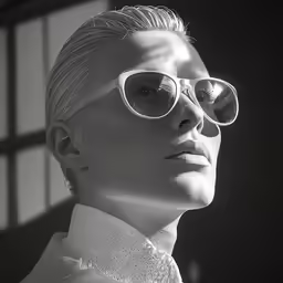 the man is wearing sunglasses and posing for a black and white picture