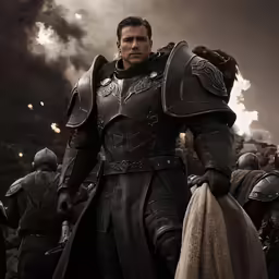 a man in armor stands next to a group of soldiers