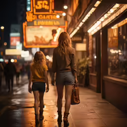 two young girls walk down the sidewalk by a theater