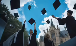 graduates throwing their caps in the air with a cathedral in the background