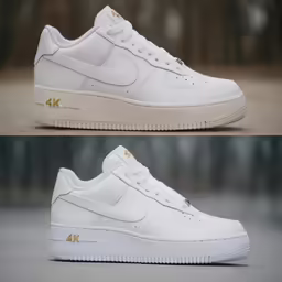a pair of white and gold nike air force sneakers