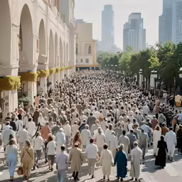 a large group of people walking through the streets in a city