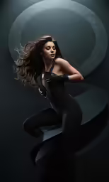 the woman is posing in black tight clothes