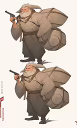 some character poses with guns and holding something in their hands
